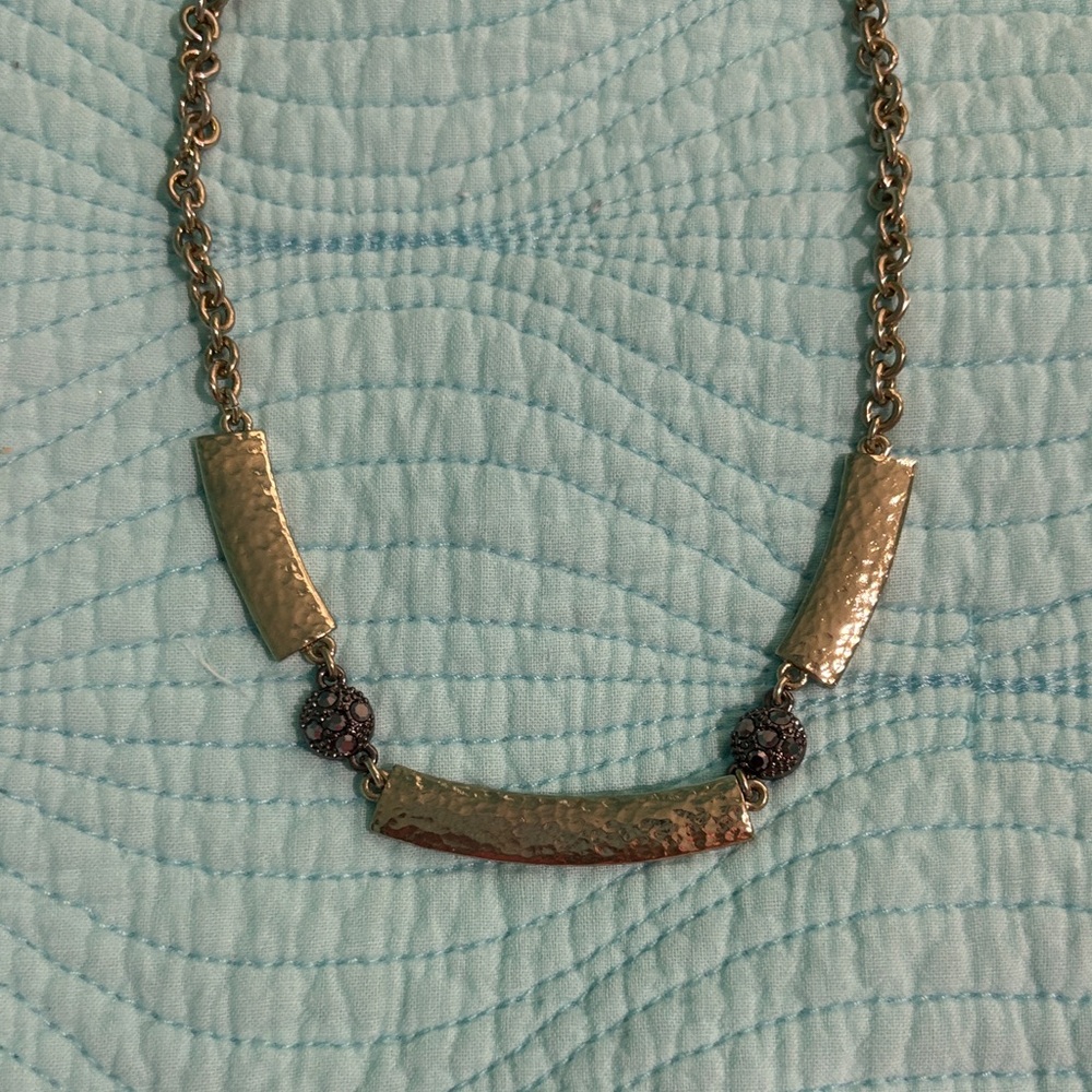 Gold Textured Bar Necklace with Dark Grey Stones